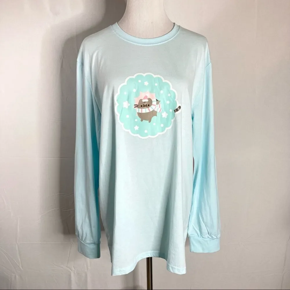 Pusheen Light Blue Holiday Themed Long Sleeve T Shirt Large NWT Winter 2021 Box